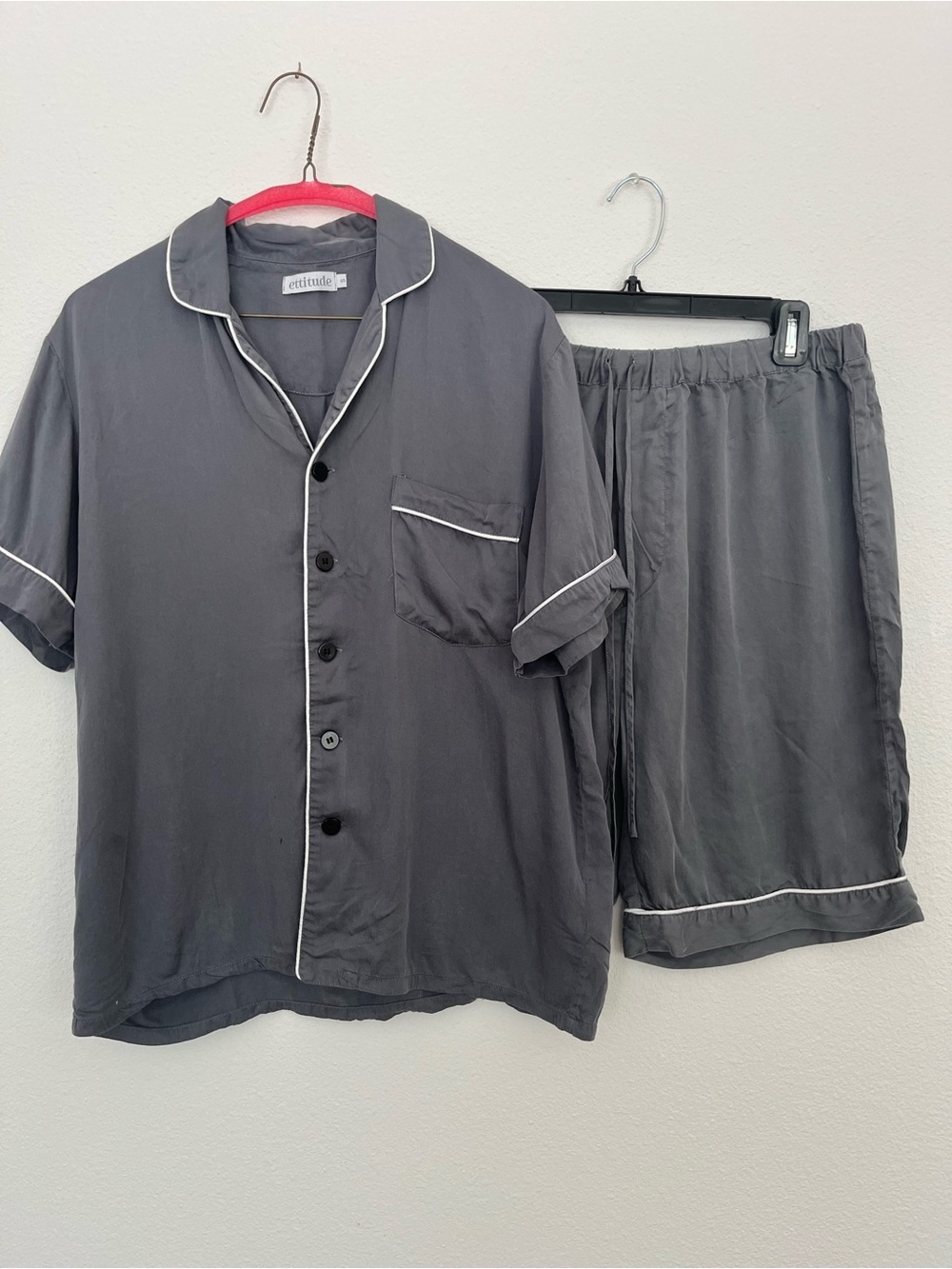 Ettitude Pajama Set Clean Bamboo Gray Fog Sateen Plus Shirt & Shorts